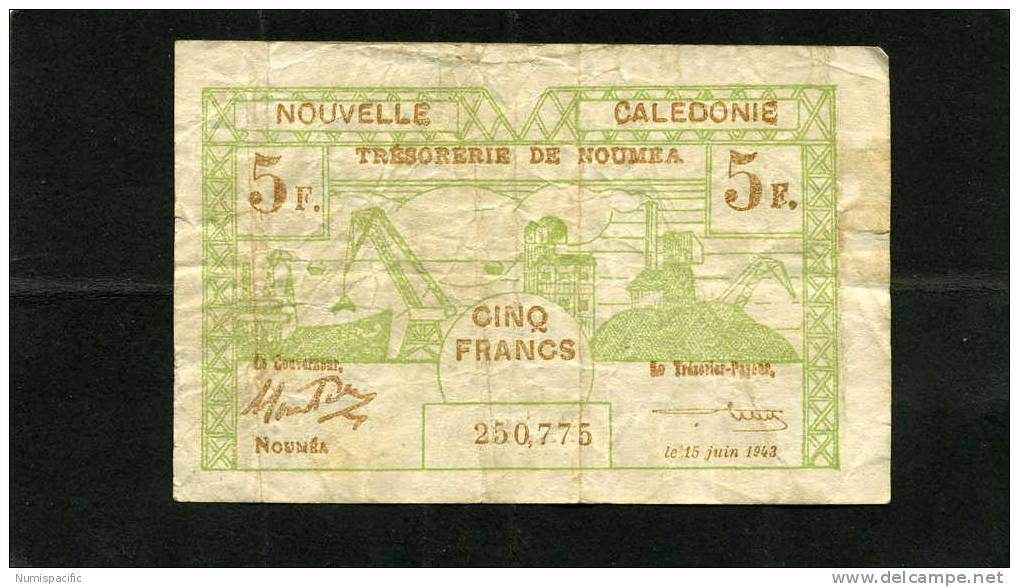 5 Francs Vert Et Brun De Nouvelle Caledonie Année 15/06/1943 - Nouvelle-Calédonie 1873-1985
