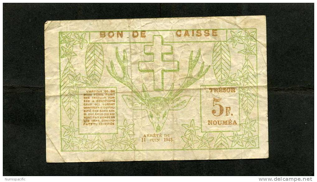 5 Francs Vert Et Brun De Nouvelle Caledonie Année 15/06/1943 - Nouvelle-Calédonie 1873-1985