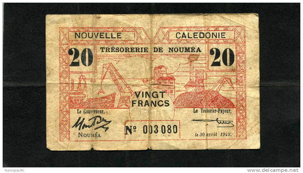 Rare 20 Francs Rouge De Nouvelle Caledonie Type I Arrété Du 20 Avril 1943 !!! - Nouvelle-Calédonie 1873-1985