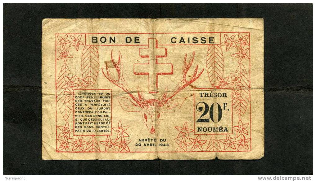 Rare 20 Francs Rouge De Nouvelle Caledonie Type I Arrété Du 20 Avril 1943 !!! - Nouméa (New Caledonia 1873-1985)