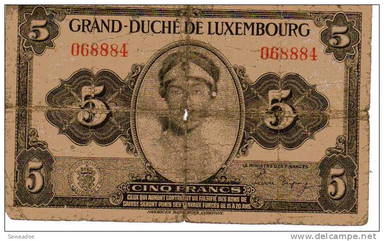 BILLET LUXEMBOURG - P.43 - 1944 - 5 FRANCS - GRANDE DUCHESSE CHARLOTTE - Lussemburgo