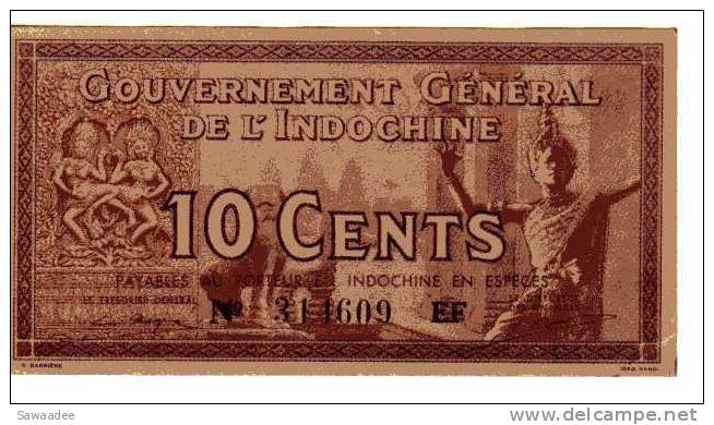 BILLET INDOCHINE - GOUVERNEMENT GENERAL DE L´INDOCHINE - P.85 -10 CENTS -VOIR SIGNATURE - ELEPHANTS - DANSEUSE - Indochine