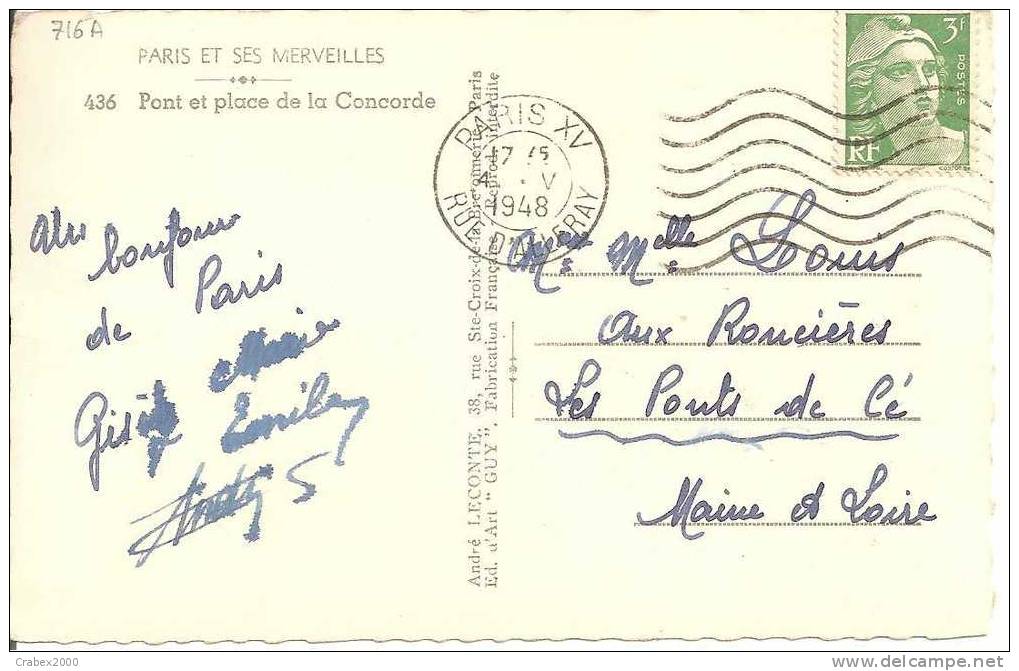 N° Y&t 716A       CP     PARIS   Vers    LES PONTS DE CE      Le 04 MAI 1948 - Covers & Documents