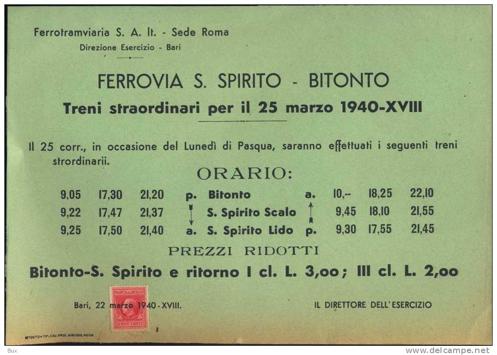 S. SPIRITO BITONTO BARI PUGLIA ORARI  TARIFFE PER FERROTRAMVIARIA TRAM TRAMWAY  REGNO D'ITALIA - Europe
