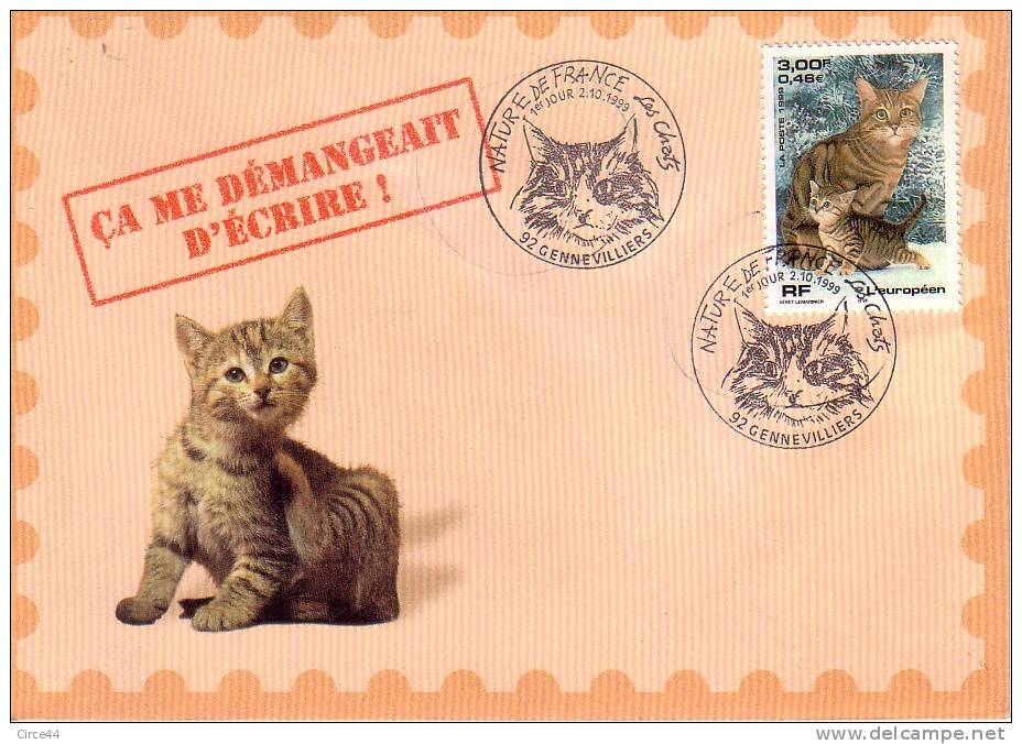 FDC.NATURE DE FRANCE.LES CHATS.CACHET GENEVILLIERS. - Gatos Domésticos