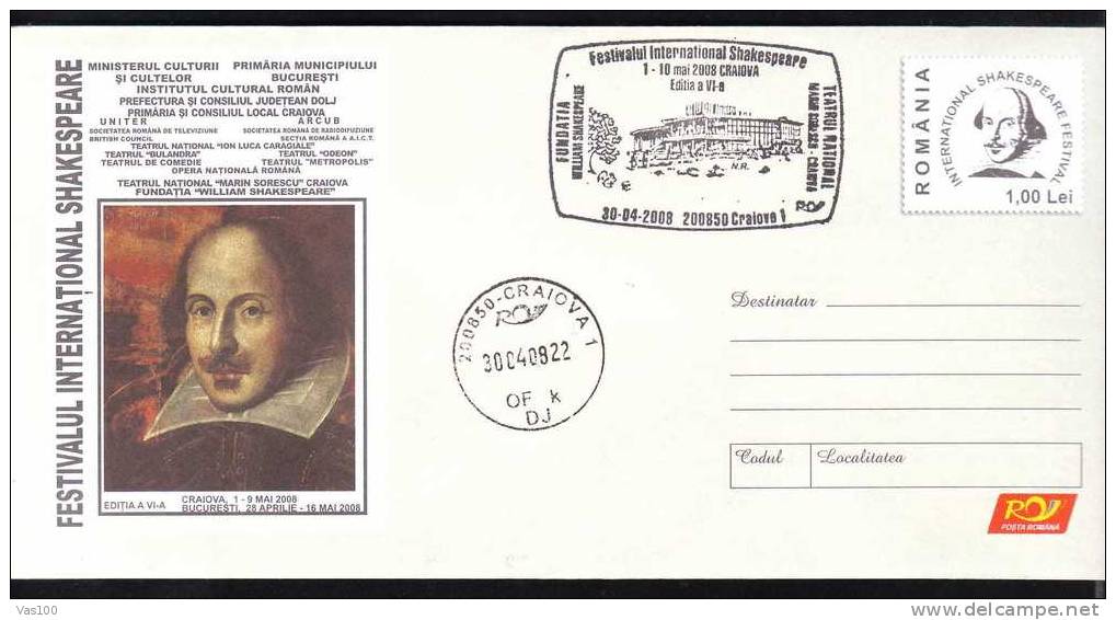 ROMANIA 2008 INTERNATIONAL SHAKESPEARE FESTIVAL Entier Postaux Stationery Cover With Theatre. - Teatro