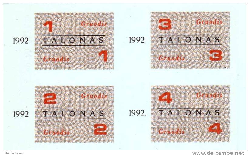 Lithuania, 1 & 2 & 3 & 4 Talonas, 1992, UNCUT UNC - Lithuania
