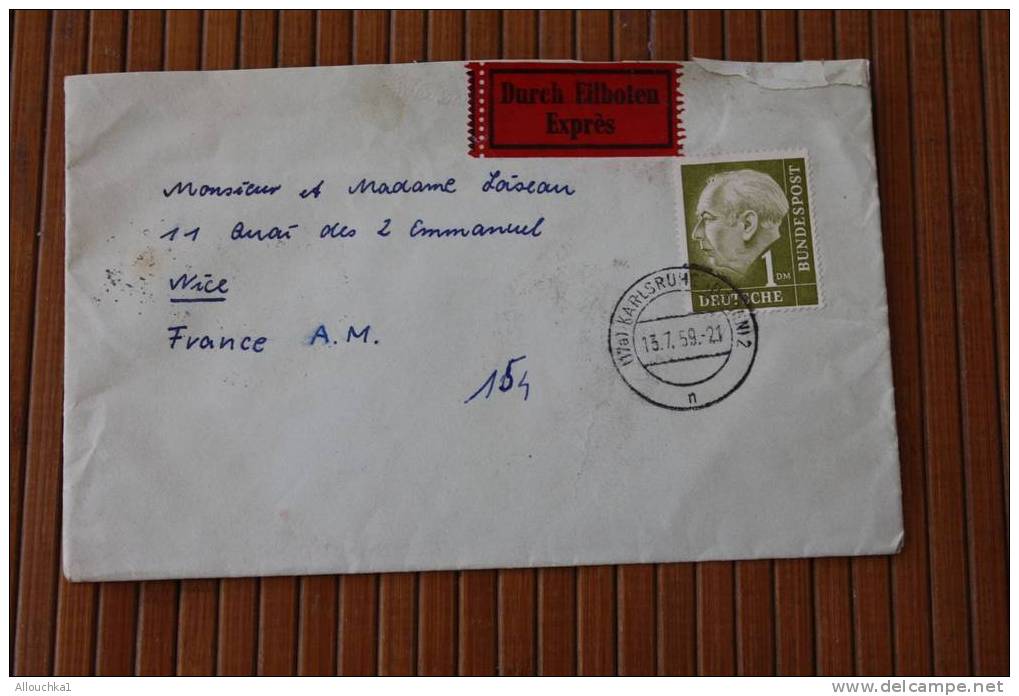 DEUTSCHE BUNDESPOST 1959 LETTRE Aff. Exprés   OMEC Manuel DE KARLSRUH POUR NICE 06  France  MARCOPHILIE - Cartas & Documentos