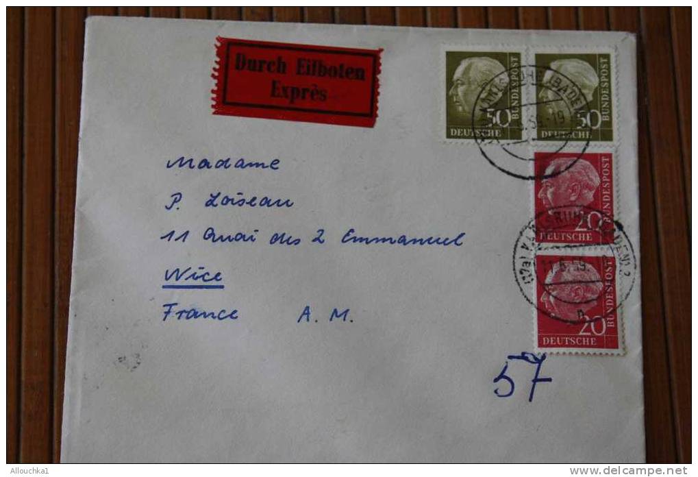 DEUTSCHE BUNDESPOST 1959 LETTRE Aff. Exprés   OMEC Manuel DE KARLSRUH POUR NICE 06  France  MARCOPHILIE - Covers & Documents