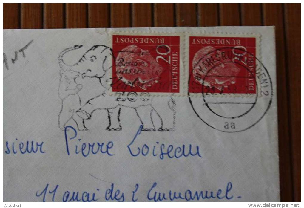 DEUTSCHE BUNDESPOST 1958 LETTRE Aff. MULTIPLE OMEC FLAMME ELEPHANT DE KARLSRUH POUR NICE 06  France  MARCOPHILIE - Brieven En Documenten