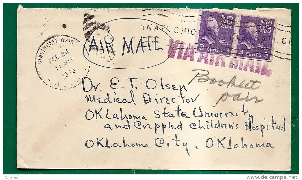 US - VF 1940 CINCINNATI, OHIO COVER To OKLAHOMA CITY With Booklet Pair (part Of Scott 807a) ALONGSIDE VIOLET AIR MAIL - Rollenmarken