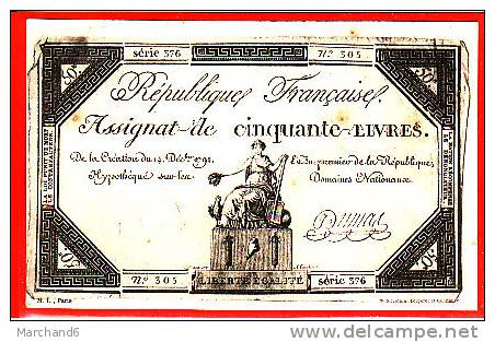 CARTE POSTALE BILLET ASSIGNAT DE CINQUANTE LIVRES DOMAINES NATIONAUX Editeur A Bergeret Dos Simple 1900 état Scan - Coins (pictures)