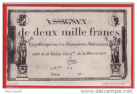 CARTE POSTALE BILLET ASSIGNAT DEUX MILLE FRANCS DOMAINES NATIONAUX Editeur A Bergeret Dos Simple 1900 état Scan - Coins (pictures)