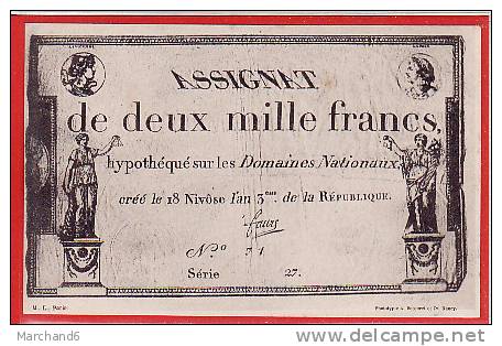 CARTE POSTALE BILLET ASSIGNAT DEUX MILLE FRANCS DOMAINES NATIONAUX Editeur A Bergeret Dos Simple 1900 état Scan - Münzen (Abb.)