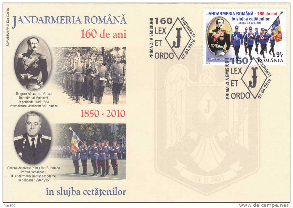 1850-2010 Years Romanian Gendarmerie  2010 ,very Rare  Cover FDC - Romania. - Policia – Guardia Civil