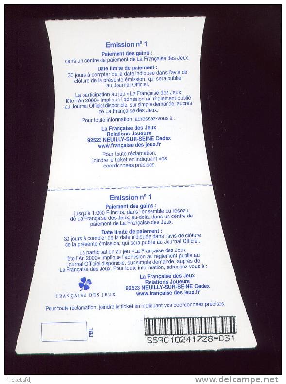 FRANCAISE DES JEUX - AN 2000 - 55901 - Code Barres à Droite - Trait Bleu - Billets De Loterie