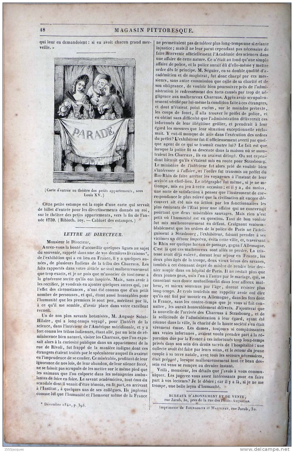 LE MAGASIN PITTORESQUE - FÉVR. 1842 - N°6 : VAL D´ENFER FORÊT NOIRE -TREGUIER POETE BRETON  -ABEILLES -THEATRE LOUIS XIV - 1800 - 1849