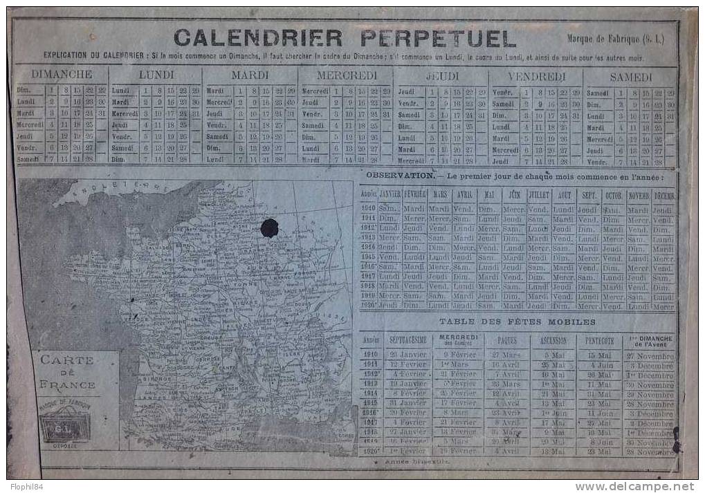 CALENDRIER PERPETUEL 2 VOLETS - A PARTIR DE L'ANNEE 1910 JUSQU'EN 1920 - AVEC CARTE D'EUROPE - COUPURE SUR BAS DU CALEND - Grossformat : 1901-20