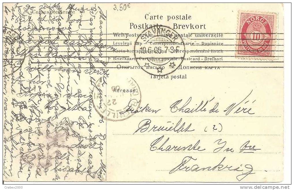 N° Y&t       CP     STAVANGER    Vers   FRANCE         Le     10 JUIN1906 - Storia Postale