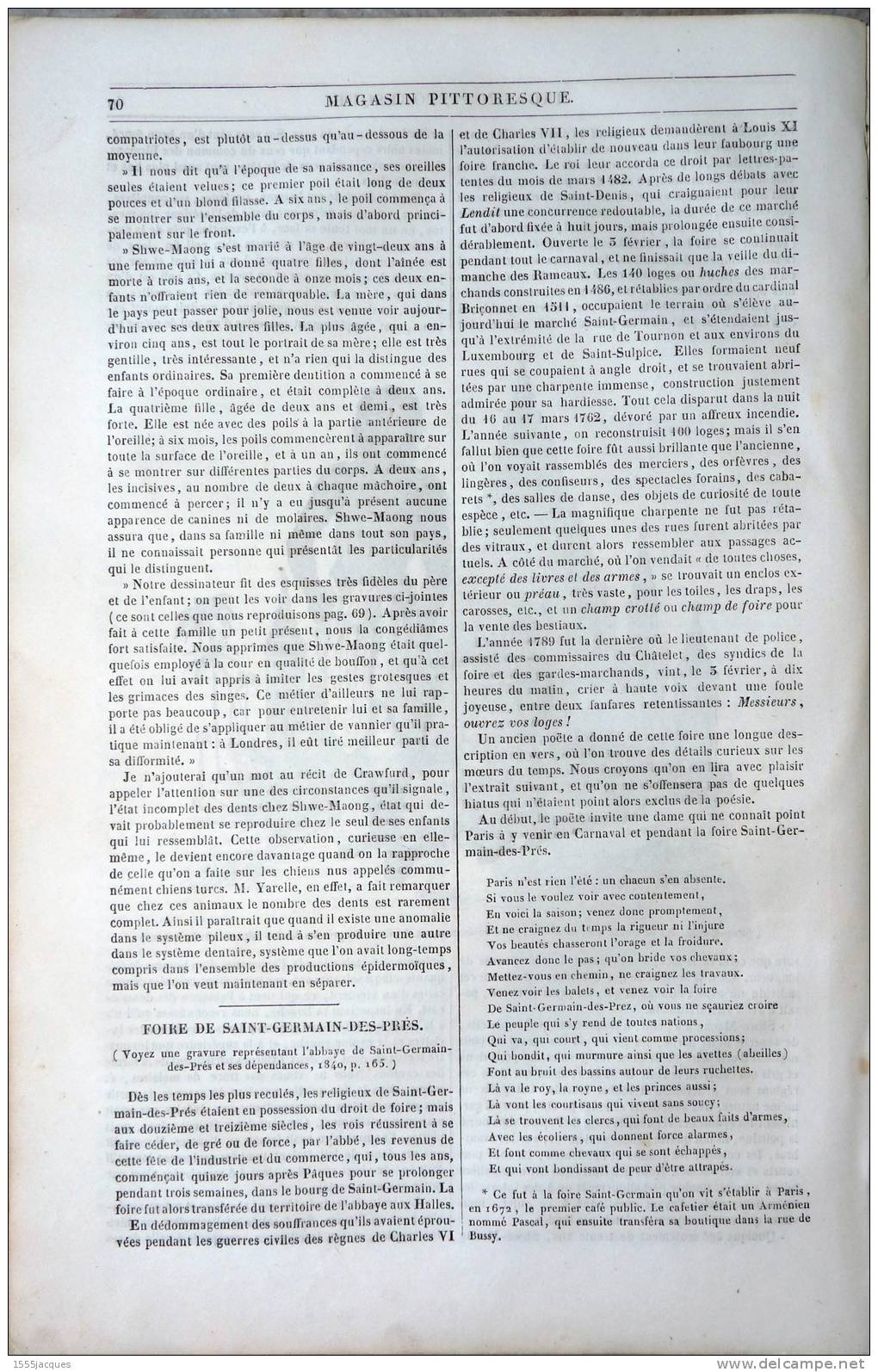 LE MAGASIN PITTORESQUE - FÉVR. 1842 - N°9 : COEVERDEN - HOMME PORC-EPIC SHWE-MAONG BIRMANIE - SAINT-GERMAIN-DES-PRES - - 1800 - 1849