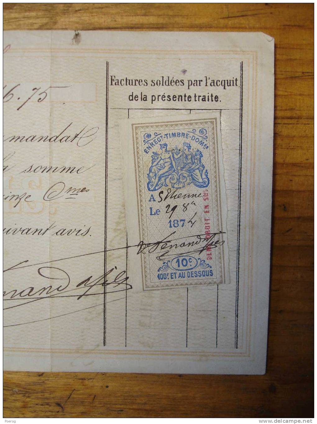 ANCIEN CHEQUE MANDAT LETTRE DE CHANGE TRAITE VINS ET SPIRITUEUX VEUVE FERRAND & FILS SAINT ETIENNE 24 OCTOBRE 1874 St - Bills Of Exchange