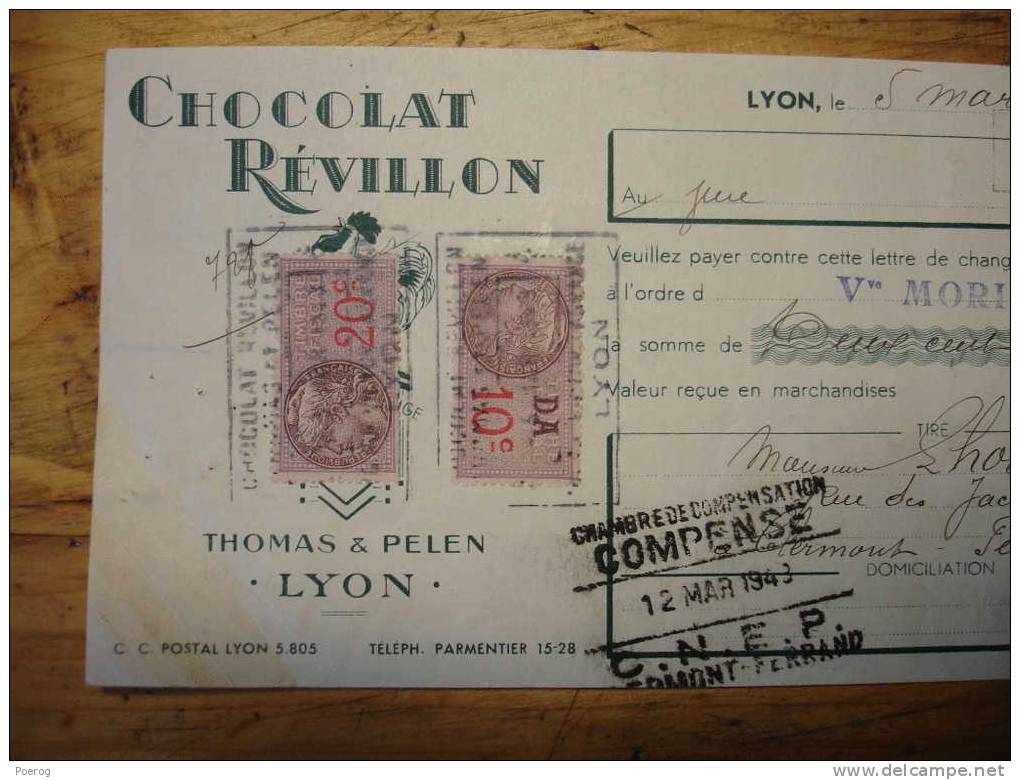 CHOCOLAT REVILLON LYON - ANCIEN CHEQUE MANDAT LETTRE DE CHANGE Du 5 MARS 1943 - THOMAS PELEN LYON - CHOCOLATE - Bills Of Exchange