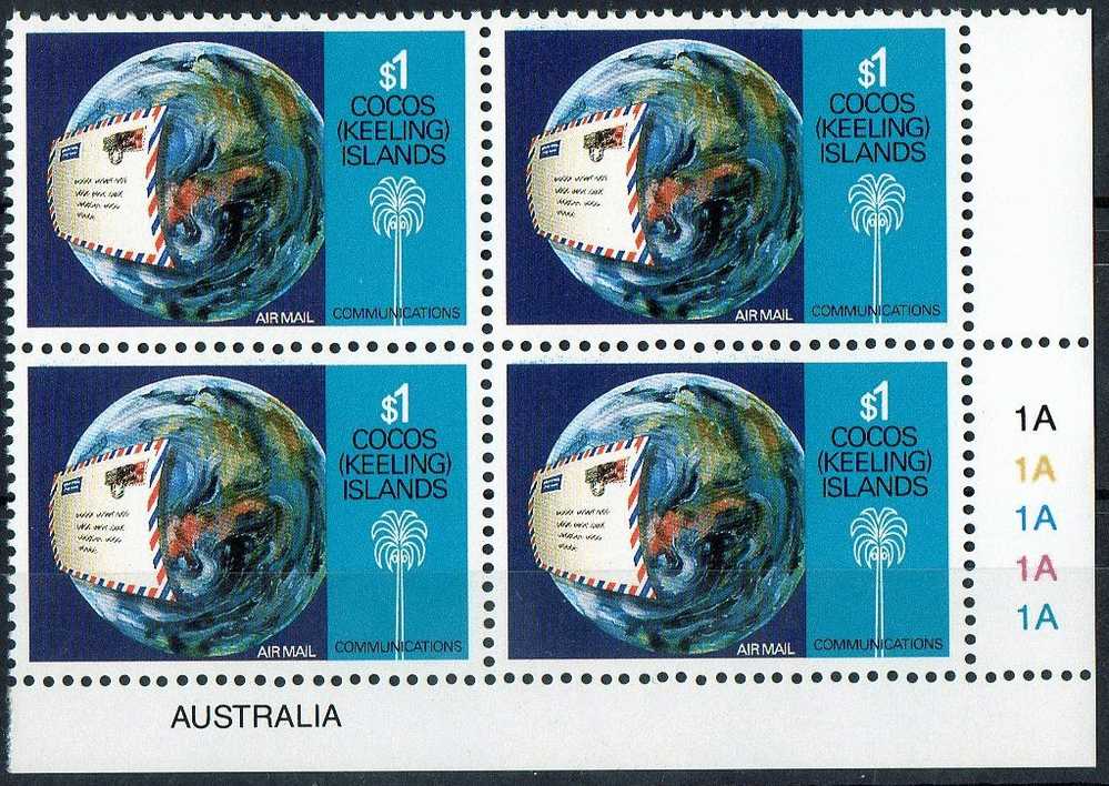 Cocos Islands 1987 $1 Airmail Communications Block Of 4 MNH - Isole Cocos (Keeling)