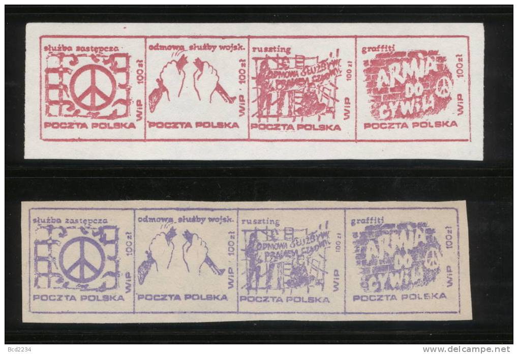 POLAND SOLIDARNOSC GRAFFITTI 2 STRIPS OF 4 IMPERF (SOLID 0361/0301) - Solidarnosc Labels