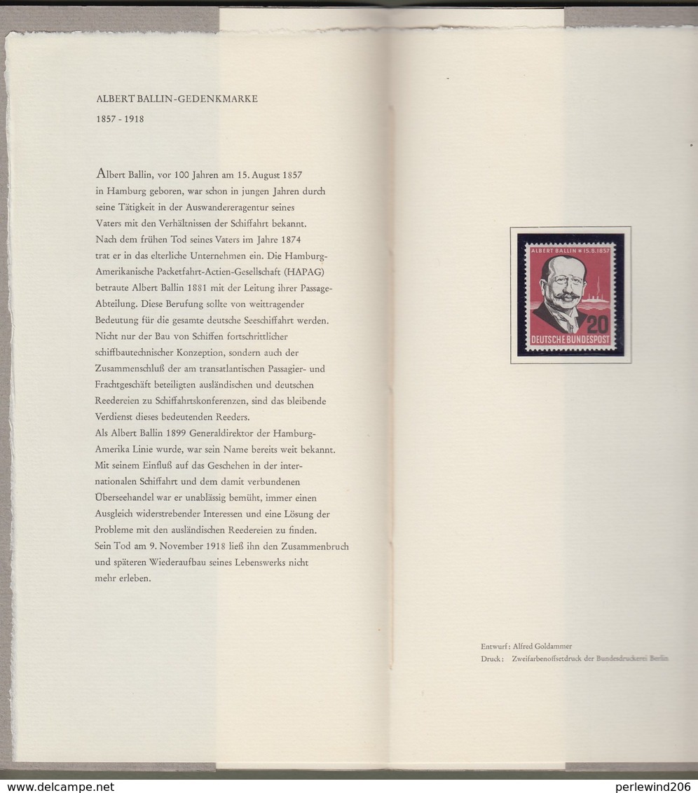 Bund: Minister Card - Ministerkarte Typ I, Michel-Nr. 266: " Albert Ballin ",  Postfrisch, Rarität !! - Cartas & Documentos