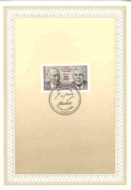 1988 FDC ERSTTAGSBLATT ANNIV. TRAITE COOPERATION FRANCO ALLEMANDE - CHARLES DE GAULLE - ADENAUER- 2 TIMBRES SIGNE MARQUE - De Gaulle (General)