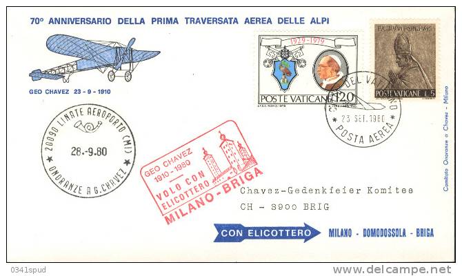 1980  Vaticano  70  Ans  Vol Geo Chavez   Hélicoptère Elicottero Helicopter Milano Briga - Hélicoptères