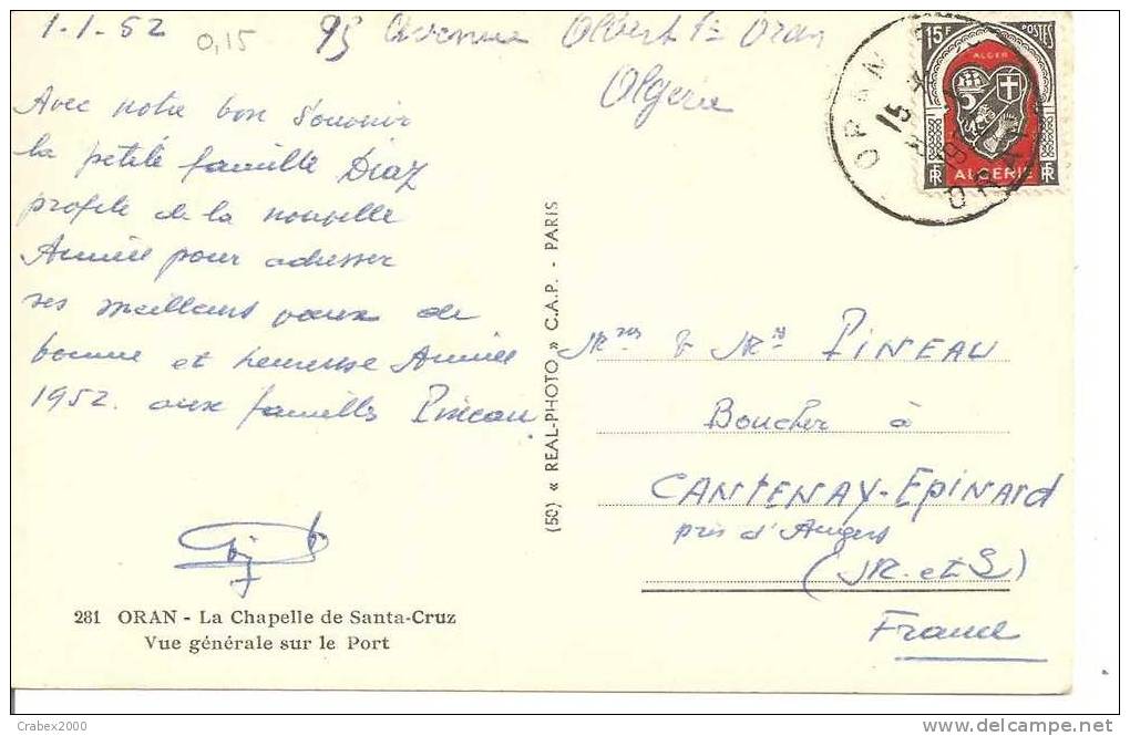 N° Y&t        CP   ORAN Vers   CA NTENAY     Le 28 DECEMBRE 1952 - Lettres & Documents