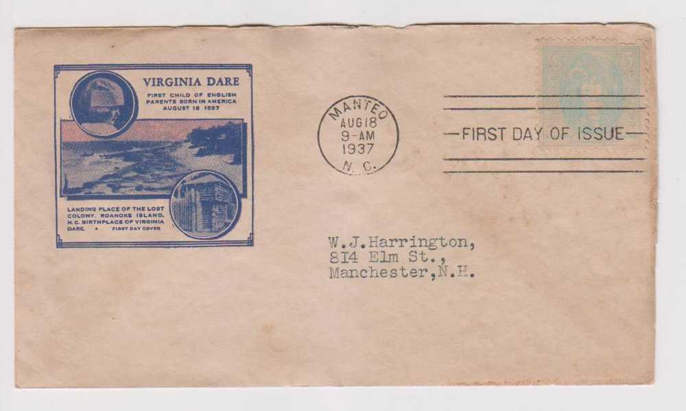 United States FDC 1937, Virgina DARE, Manteo, 1st Child Of English Parents, Landing Place Roanoke Island, Geography, - 1851-1940