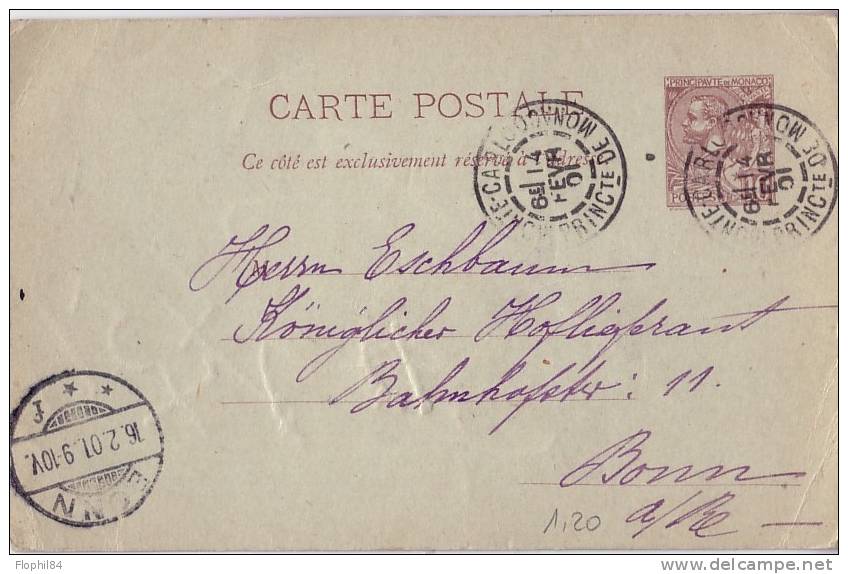 MONACO-ENTIER POSTAL POUR L'ALLEMAGNE 14-2-1901 - Postwaardestukken