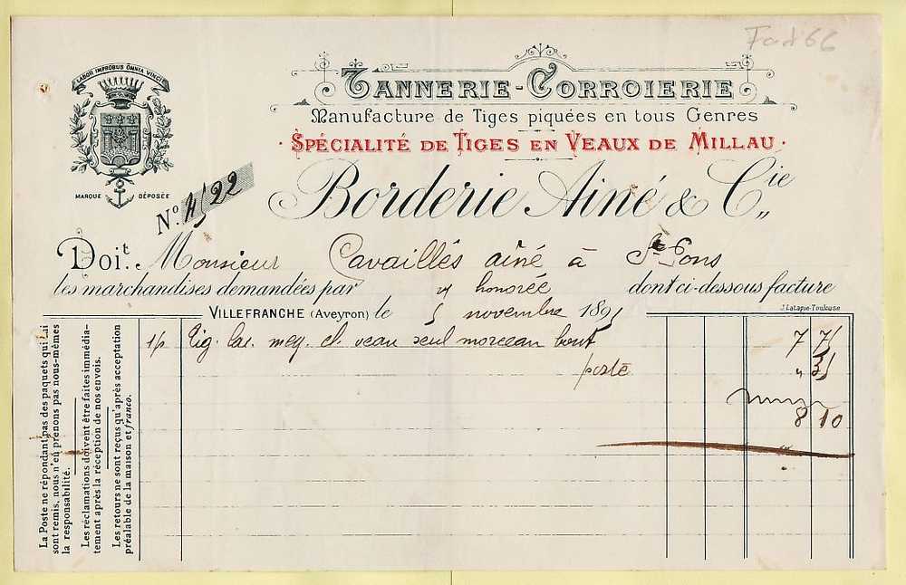 12 VILLEFRANCHE AVEYRON Facture 05.11.1896 Tannerie Corroierie BORDERIE Manufacture Tiges Veaux à CAVAILLES St PONS - 1800 – 1899