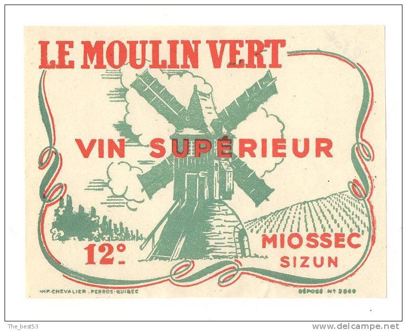 Etiquettes De Vin De Table Supérieur  -  Le Moulin Vert  -  Miossec  à  Sizun  (29)  - Moulin à Vent - Moulins à Vent