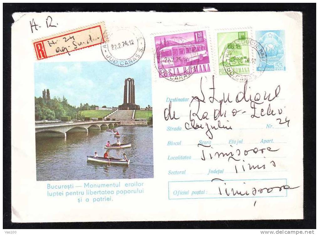 Romania 1974 Very Rare REGISTRED  Cover  With    ROWING,ADDITIONAL STAMP CAR, TRAIN! - Canoa