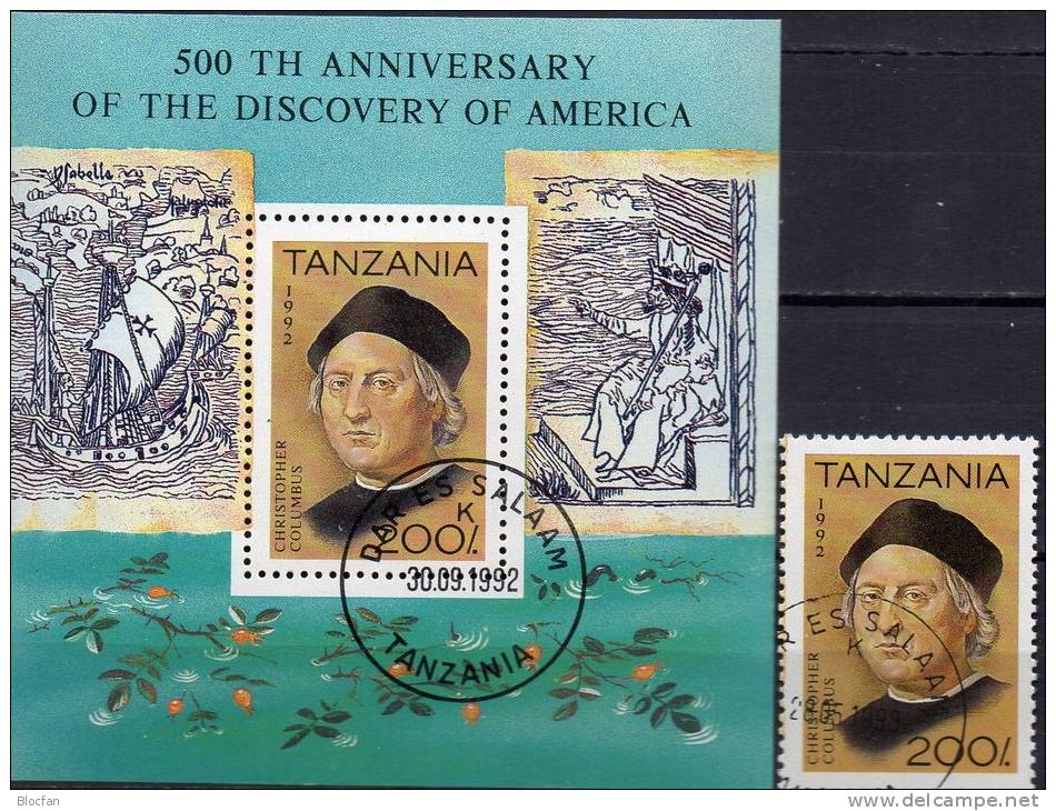 Kolumbus 1992 Tansania 1305 Plus Block 189 O 7€ Schiff Santa Maria 500 Jahre Entdeckung Amerikas Bf Ship Sheet Of Africa - Tanzania (1964-...)