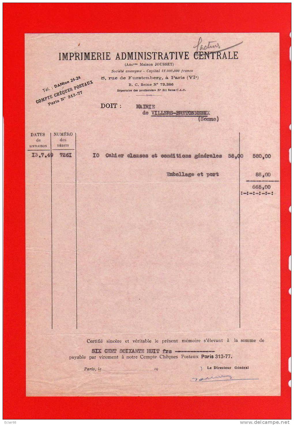 FACTURES   Imprimerie Administrative Centrale Année 1949   (Ancienne Maison JOUSSET) 10 Cahiers Clauses  X - Druck & Papierwaren