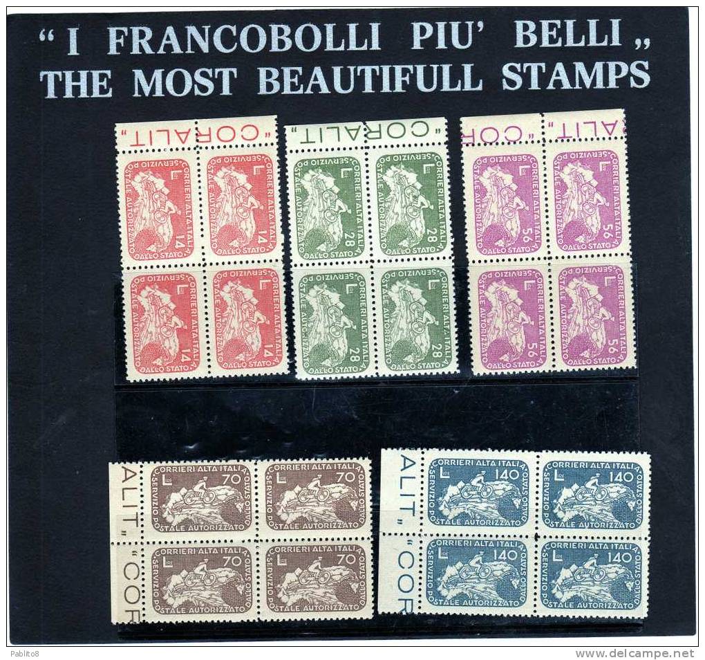 ITALIA REGNO ITALY KINGDOM LUOGOTENENZA 1945 CORALIT  CICLISTA SERIE COMPLETA  MNH  QUARTINA BLOCK - Neufs