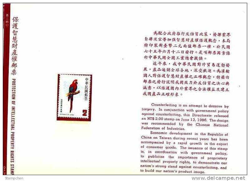 Folder Taiwan 1986 Bird - Parrot Stamp Brand Fauna Intellectual Property Right - Neufs