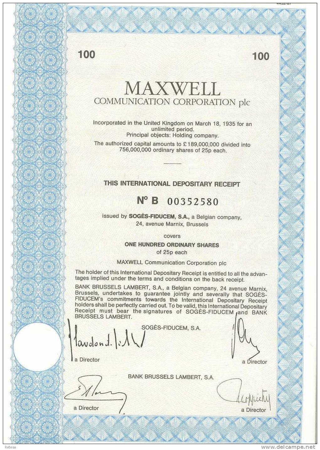 MAXWELL  COMMUNICATION  CORPORATION  100  SHARES - M - O