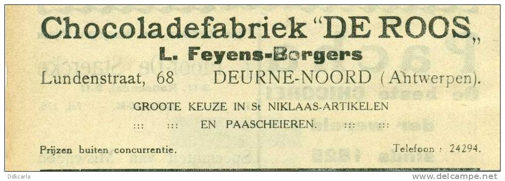 Oude Reclame Uit 1929 - Deurne-Noord - Chocoladefabriek "DE ROOS" - L. Feyens-Borgers - Chocolate