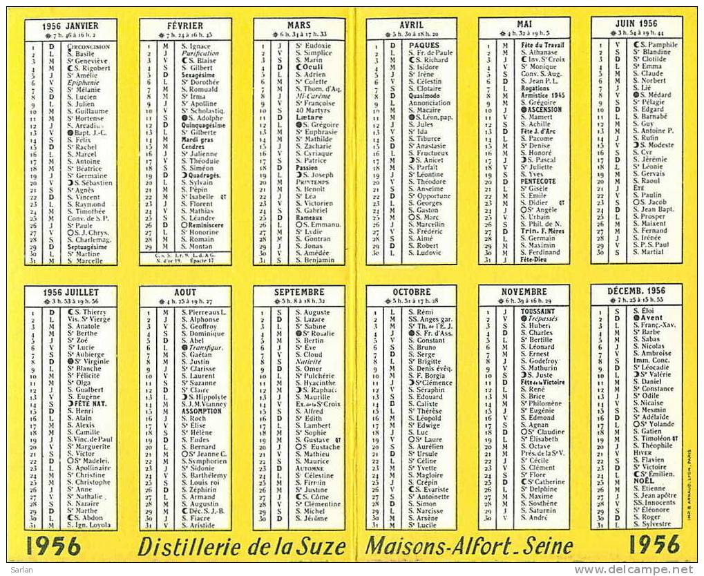 Calendrier Publicitaire 1956 , SUZE Gentiane , Format Plié 7 X 11 Cm , *2191 - Petit Format : 1941-60