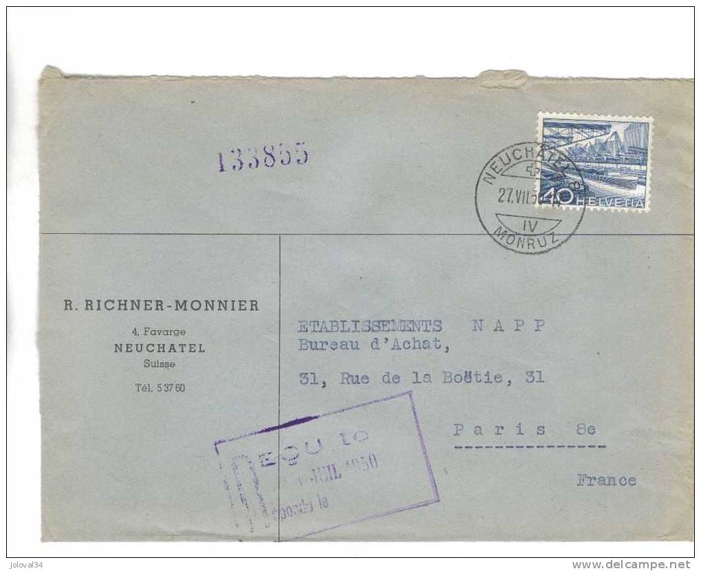 Suisse - Enveloppe Cachet NEUCHATEL 8 MONRUZ - 27/7/1950 - Lettres & Documents