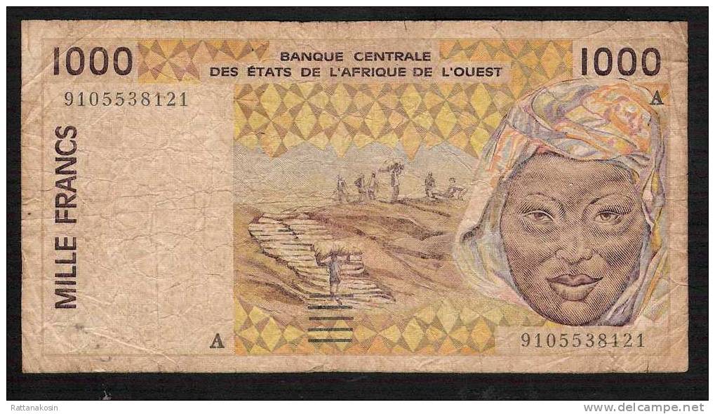 COTE D IVOIRE  P111Aa  1000  FRANCS 1991  FIRST DATE  AVF   NO P.h. ! - Costa De Marfil