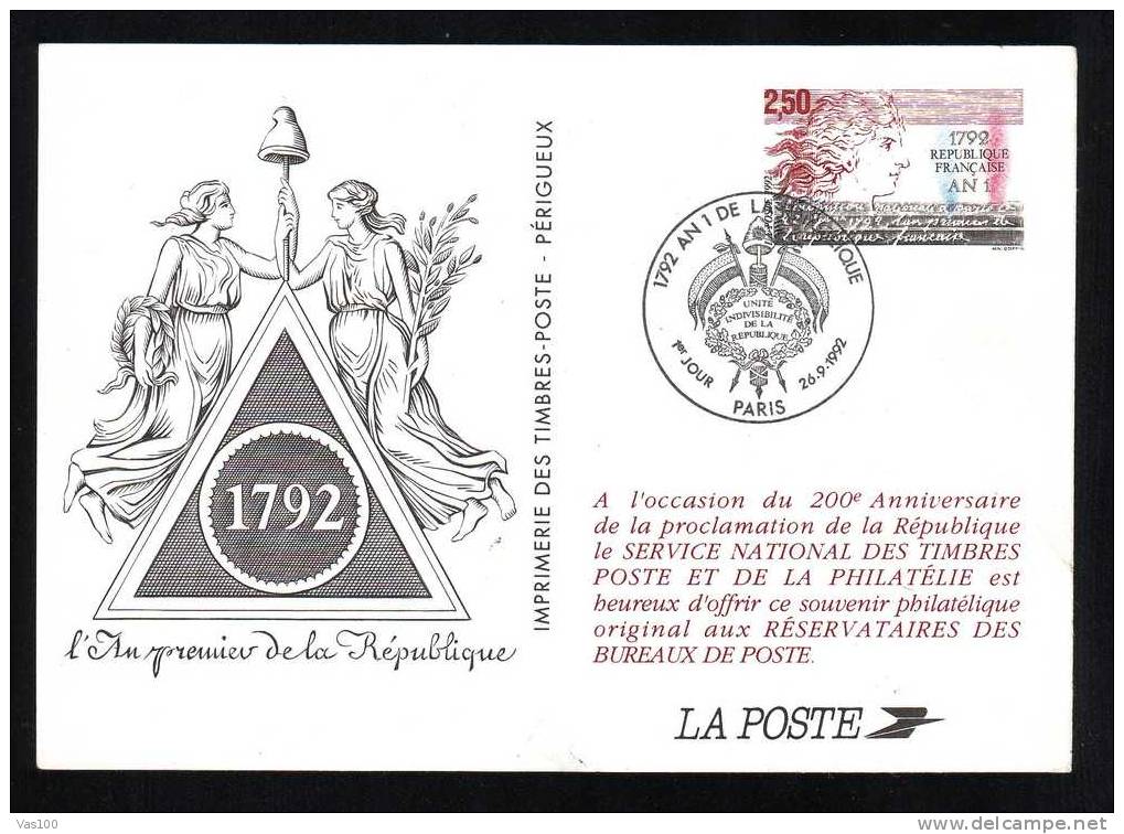 1792 AN 1 DE LA REPUBLIQUE PARIS OBLITERATION 1er Jour 1992. - Pseudo-officiële  Postwaardestukken