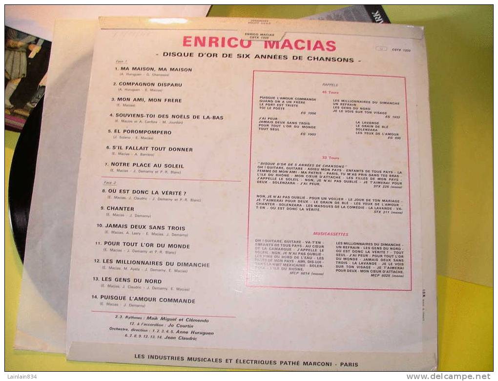 - ENRICO MACIAS -  Disque Pathé -  Disque D'or N°2, Acheté Le 24 Octobre 1967, 16 Titres, Trés Bon état.. - Other - French Music
