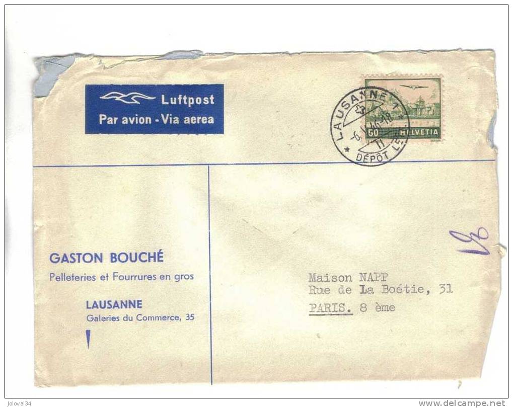 Suisse - Enveloppe Avion Cachet LAUSANNE 1- 6/05/1946 - Covers & Documents