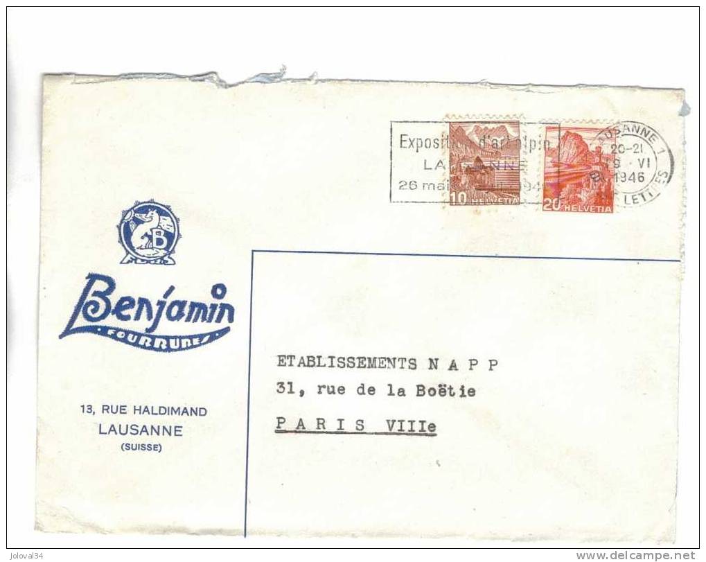 Suisse - Enveloppe Flamme Exposition D'art Alpin  LAUSANNE 26 Mai - 23 Juin 1946 - 19/06/1946 - Covers & Documents